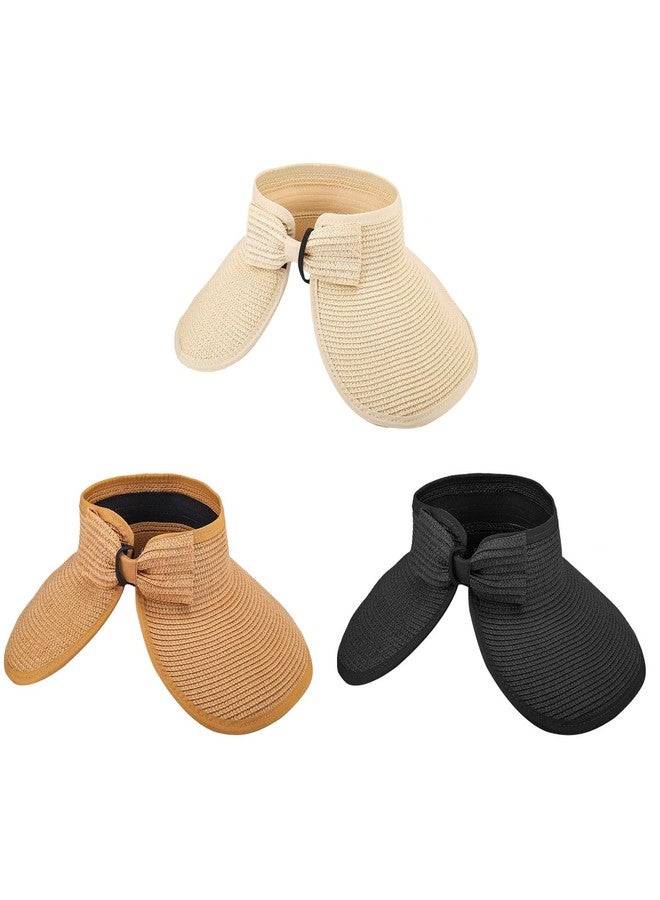 MEINICY 3PCS Foldable Straw Sun Visor Hats for Women, Wide Brim Ponytail Summer Beach Hat, Protect Your Skin Easily, Nature & Black & Beige - Image 3